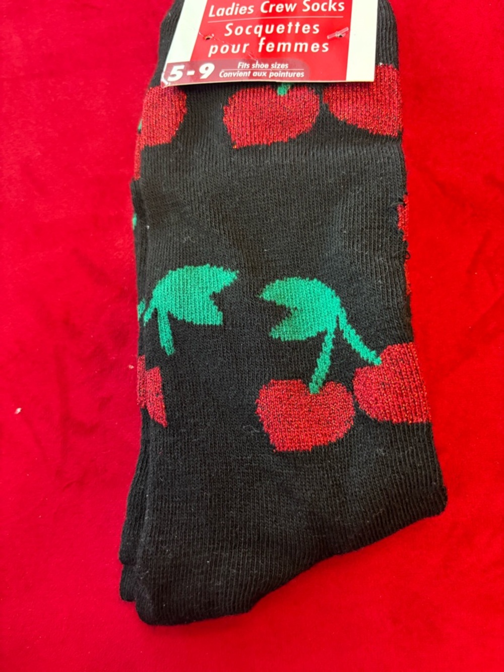 Black Crew Socks with Red Cherry and Green Stem Pattern